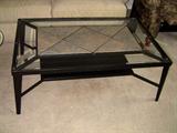 Metal base coffee table with tile and glass top. Has matching side table and sofa table.