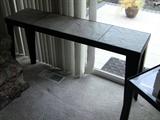 Metal base sofa table with inlaid tile top. Has matching coffee table and side table.