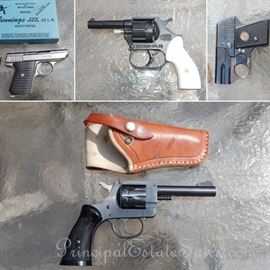 <from top left> Jennings Firearms J-22 .22LR semi auto pistol; RTS MOD 1966 - CAL .22 blank gun made in Italy; Gerstenberger & Eberwein - VINTAGE WWII EM-GE Model 5 Gas Pistol .320 Caliber; H&R Model 929 .22 LR revolver; 