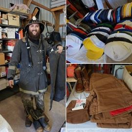 Vintage Firemans suit, Carhart coveralls (new old stock), vintage trucker style hats (new old stock), vintage work boots