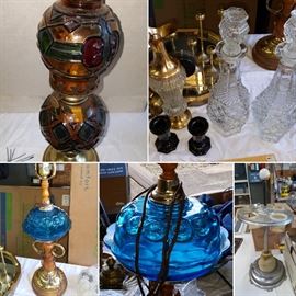 Blue "Moon and Star" glass vintage lamp, art deco vintage lamp ashtray stand, vintage crystal decanters and vases