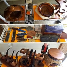 vintage pipe collection and accessories, vintage pocket knife collection, belt buckles