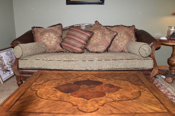 Inlaid coffee table Leather sofa 