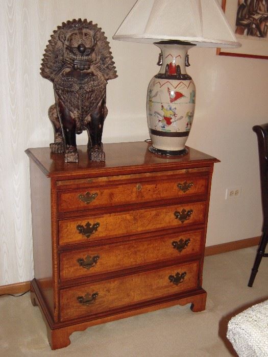4 drawer chest with pull out tray,  Chinese warrior lamp, Foo Lion or Dog