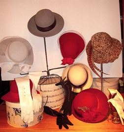 Vintage hats (some with boxes) and gloves (hat stand not for sale) 