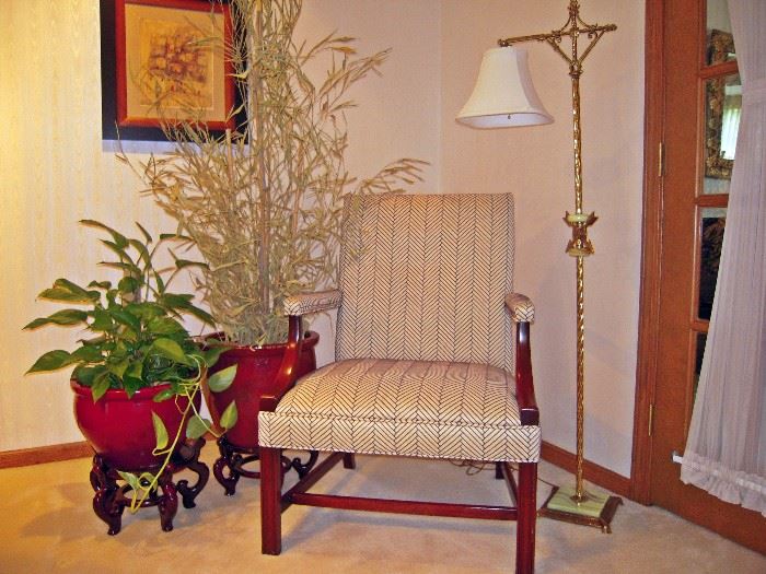 Planters with stands, side chair, antique floor lamp
