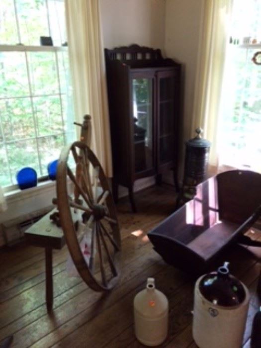 wagon wheel; cradle; folding bookcase 