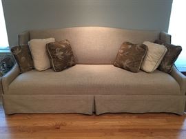 Custom Heavy Gauge Linen Couch with Nailhead Accents in Beautiful Condition.
