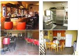 1930's Art Deco bar, industrial kitchen appliances, tables, chrome padded chairs, household items.