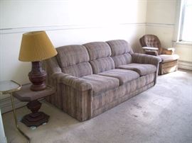 Sofa, chair, tables, lamp.