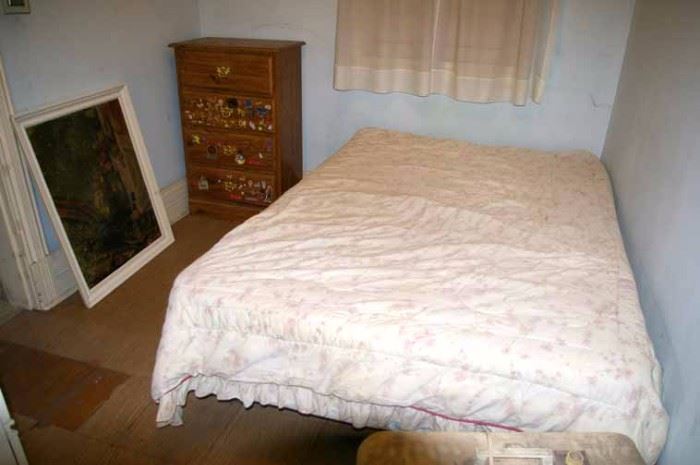 Bed frame & mattresses, dresser, picture.
