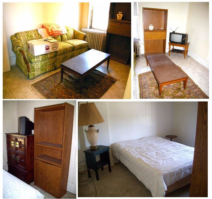 Couch, coffee table, bookcases, TVs & stand, dresser, end table, lamp, bed frame & mattresses.
