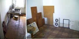 Small kitchen appliances, scrap wood, window fan.