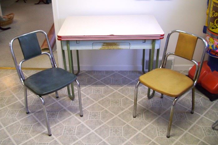 Vintage 1930's enamel top table (with slide-out leaves) and chairs (the same ones in the downstairs bar).