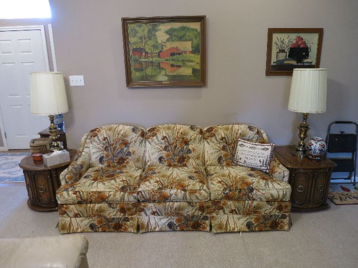 Vintage Couch, Artwork, Accent Tables, Stiffel Style Lamps