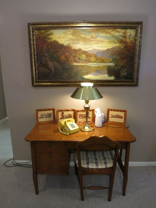Very Nice Kent Coffey Office Desk, Chair, Vintage Touch Tone Phone,  Brass Torchiere Desk Lamp, Vintage Painting