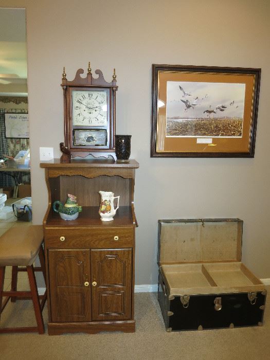 Nice New England Clock, Microwave Kitchen Stand, Artwork-The Geese of Squaw Creek, Artist James Killen, Black Trunk