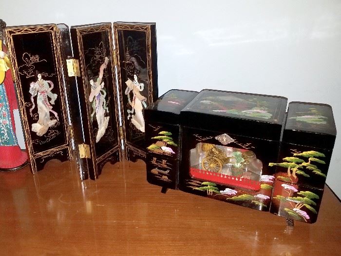 Vintage Asian mother of pearl inlay screens and Japanese painted music box jewelry box with Rickshaw