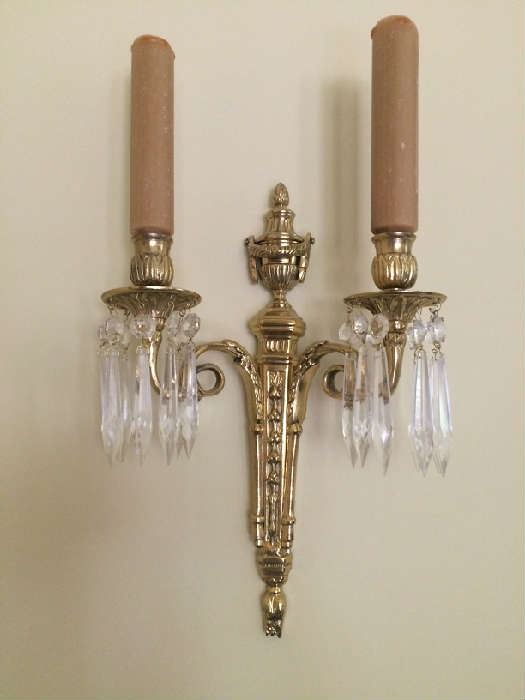 Pair of Brass & Crystal Sconces