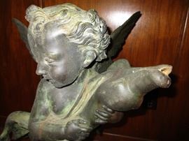 Antique bronze fountain topper titled, "Putto with Dolphin", by Andrea del Verrocchio.  27" tall
