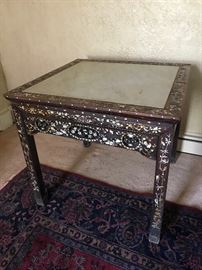 Antique Chinese marble top with mother of pearl inlaid table, approximately  36 1/2" square by 34 1/4" tall.