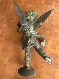 Antique bronze fountain topper titled, "Putto with Dolphin", by Andrea del Verrocchio.  27" tall