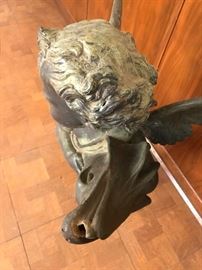 Antique bronze fountain topper titled, "Putto with Dolphin", by Andrea del Verrocchio.  27" tall