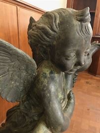 Antique bronze fountain topper titled, "Putto with Dolphin", by Andrea del Verrocchio.  27" tall