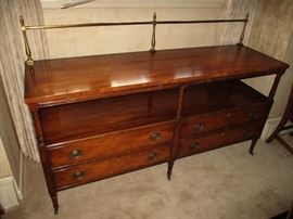 Antique Kittinger-Buffalo NY 69 1/2" long side board with full brass gallery & copper top pull out serving shelves