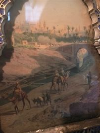 Antique Moorish Arabic plaster frame with lithograph