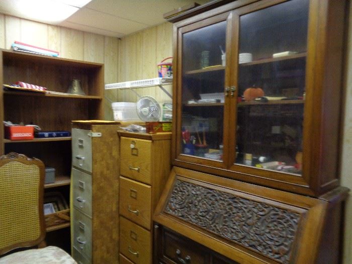 Oak File Cabinet; Carved Secretary Desk/Hutch