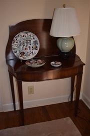 Antique Drop Leaf Half Table with Oriental Plates and Table Lamp