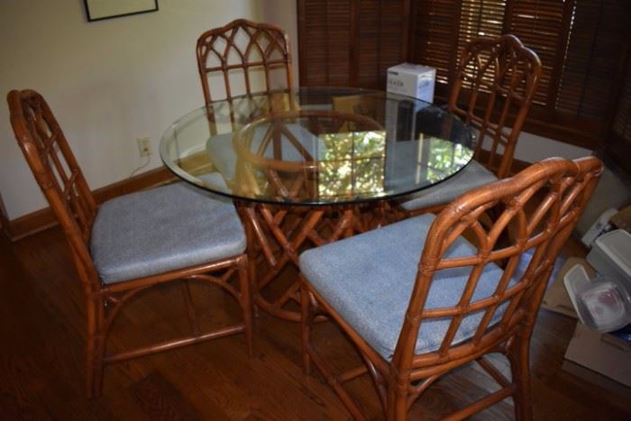 Beautiful Chinoiserie Breakfast Set featuring a set of 4 Bamboo Chairs & Round Glass Top Table with Wonderful  Bamboo Base.