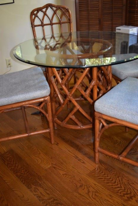 Beautiful Chinoiserie Breakfast Set featuring a set of 4 Bamboo Chairs & Round Glass Top Table with Wonderful  Bamboo Base.