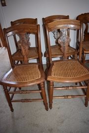 Beautiful & Very Rare and in Great Condition! 4 Matching Antique Chairs with Carved T Backs and Rush Seats