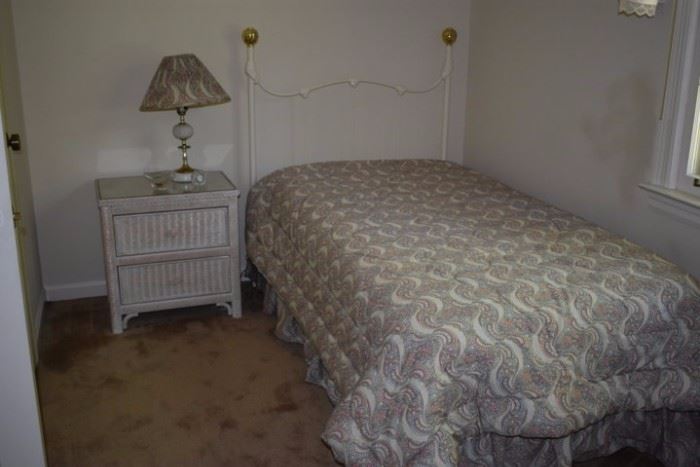 One of 2 Matching Iron and Brass Day Beds with Matching Wicker 2 Drawer NIghtstands - Table Lamp is also pictured