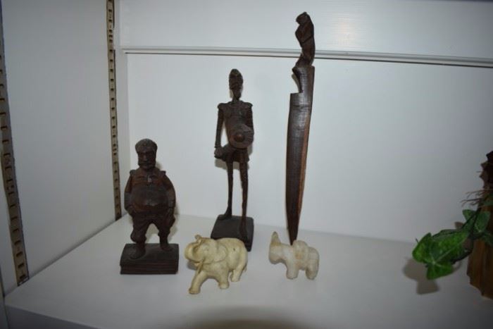 Carved Wooden African Scultures, Carved Elephant and Akro-Agate Donkey