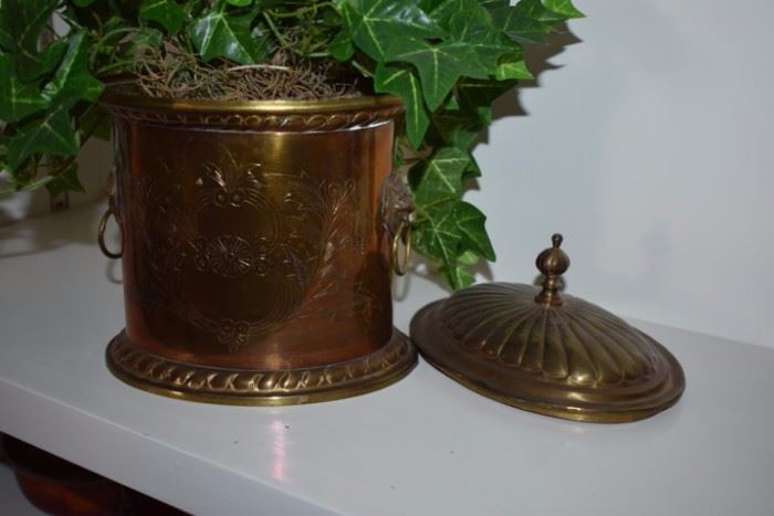 Vintage Lidded Brass Ornate Container currently used as Planter for Faux Plants