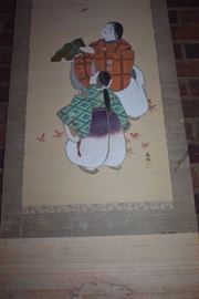Beautiful Large Vintage Bamboo Wall Scroll Oil Painting signed by Artist ( hangs over the fireplace mantle )