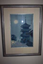 Benji Asada ( 1899 - 1984 ) Wood Block Print of the 5  Storied Pagoda of the Ninnaji Temple of the Shingon Sect. The Temple is considered a National Treasure