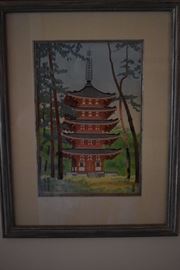 Benji Asada ( 1899 - 1984 ) Wood Block Print of the 5  Storied Pagoda of the Ninnaji Temple of the Shingon Sect. The Temple is considered a National Treasure