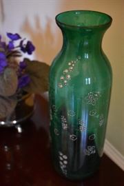Depression Era Green Glass Vase with Hand Paintings in Relief