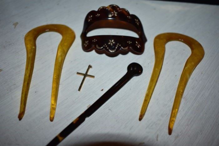 Beautiful Quality Vintage Jewelry: Antique Hair Pins in Tortoise Shell plus Gold Cross