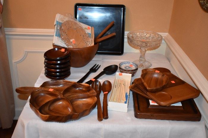 In Corner is a Gorgeous Antique Cut Glass Compote surrounded by a Wooden Salad Bowl with 4 matching Bowls and Servers, Carved Dark Wood Japanese Rice Bowls, and other Carved Wood pieces