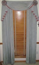 Custom Made Blue Moire' Taffeta Drapery Fully Lined with Mauve Faced Swag Accented with Rosettes on each side (2 pair available).