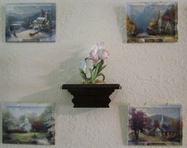 Thomas Kinkade Porcelain Trays: "Sunday Evening Sleigh", "The Mountain Chapel", "Hometown Chapel", and "Streams of Living Water" with Homco 1985 Porcelain Bisque Hummingbird with Iris Figurine on Small Wood Shelf