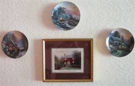 Bradford Exchange Thomas Kinkade Enchanted Cottage Collection Plates:  "Falbrooke Cottage", "Seaside Cottage" and "Julianne's Cottage" and "Pye Corner Cottage" France Print with Caption "Come Set with Me and Have Some Tea"
