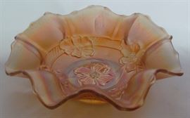Dugan "Apple Blossom" Marigold Carnival Glass Crimped Bowl (7.5")