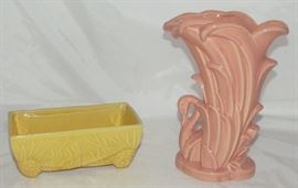 McCoy Pottery Yellow Pine Cone Planter  (8"W x 4.5"D x 3"H) and Pink Swan Vase.