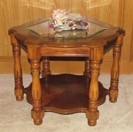Vintage 1980's Bevel Glass insert Top 6-Leg Hexagon Occasional Table
